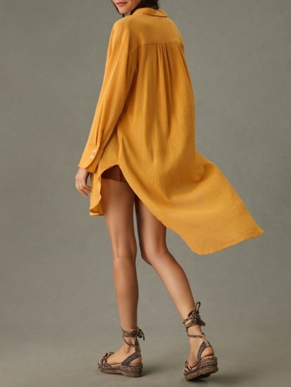 By Anthropologie Duster Tunic Shirt Long Sleeve Mango/Mustard Hi Low Oversized - Picture 2 of 13